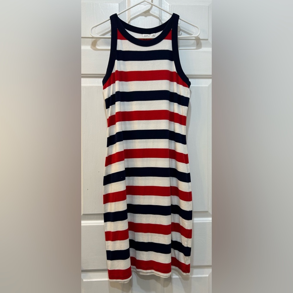 Women's Cotton Blend Dress Patriotic Red White Navy Sleeveless Popover Sz M